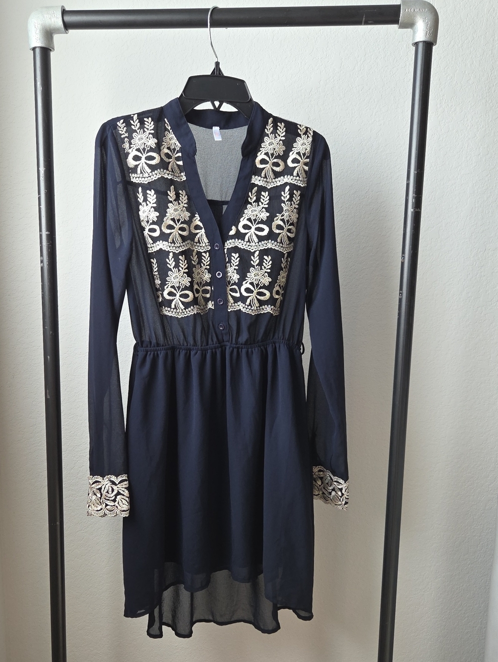 Pinkblush Navy Long-Sleeve Dress Tunic Ivory Embroidery Bow Design Sheer S-xs